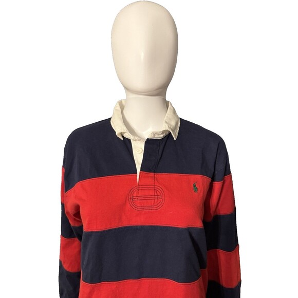 Polo Ralph Lauren Rugby Shirt Blue Red Striped LS Y2K Preppy Sports SZ L (16-18) - Picture 3 of 10